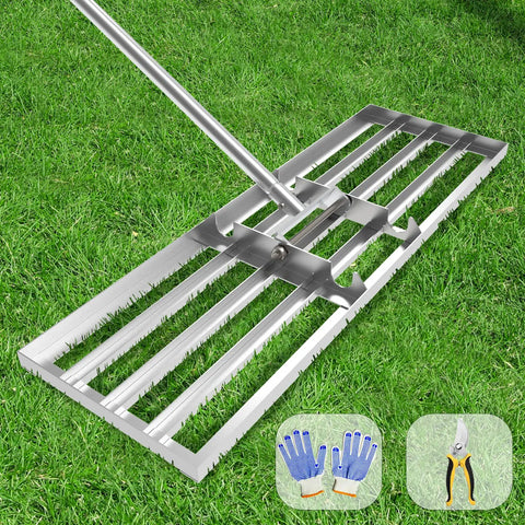Lawn Leveling Rake 30x10 Inch, Professional Grade Leveler Tool With Stainless Steel Handle on grass, with gloves and shears