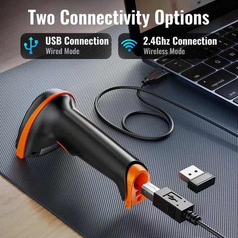 1D 2D QR Barcode Scanner Wireless And Wired With Battery Level Indicator And 2000mAh Battery Portable Handheld Barcode Reader With Stand Plug And Play Model D5100Z connected via USB cable and USB dongle, on table next to laptop.