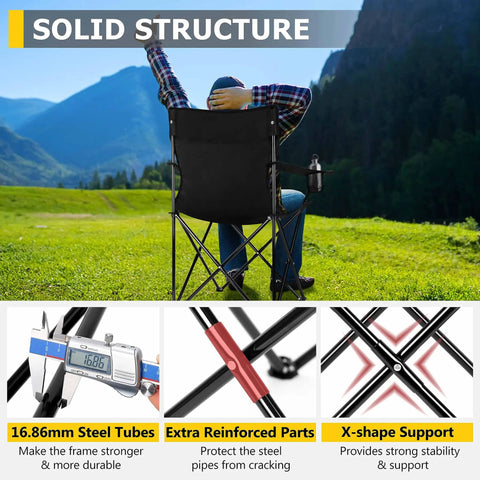 Heavy Duty Portable Camping Chair For Adults With Cup Holder Carry Bag Large Foldable Outdoor Chair with steel tube support