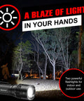 Ultra Bright Tactical Flashlight For EDC Mini Size Compact Powerhouse With Military Grade Aluminum Build illuminating a forest scene.
