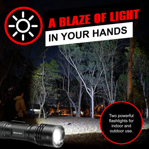 Ultra Bright Tactical Flashlight For EDC Mini Size Compact Powerhouse With Military Grade Aluminum Build illuminating a forest scene.