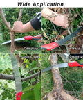 Badass Tough As Nails 10 Inch Folding Pruning Saw With SK5 Steel Blade Cuts 6 Inch Branches in use for pruning trees and cutting wood.
