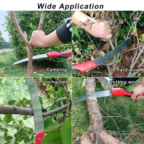 Badass Tough As Nails 10 Inch Folding Pruning Saw With SK5 Steel Blade Cuts 6 Inch Branches in use for pruning trees and cutting wood.