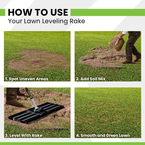 Steps to use Heavy Duty Lawn Leveling Rake 30 Inch By 10 Inch, Steel Yard Leveler Tool For Soil Sand And Top Dressing outdoors.