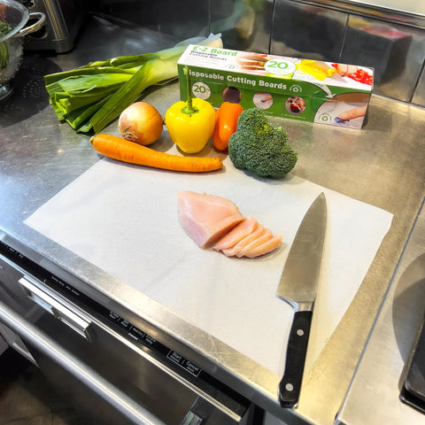 EZ Board Disposable Plastic Cutting Board For Quick Cleanup And Easy Food Prep On The Go with vegetables and knife