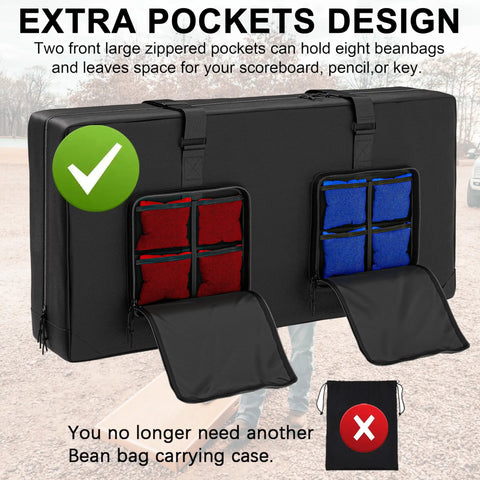 Beefy Cornhole Board Carrying Case with Padded Foam for Regulation 4 by 2 Foot Boards, showing extra pockets with bean bags