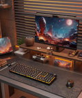 Slick Wireless Gaming Keyboard With Volume Knob And Tri Mode Bluetooth 2 4G Plus Usb C Plug In Setup Features on a modern desk setup.