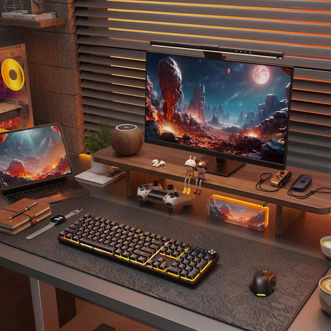 Slick Wireless Gaming Keyboard With Volume Knob And Tri Mode Bluetooth 2 4G Plus Usb C Plug In Setup Features on a modern desk setup.