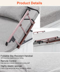 Detail view of Heavy Duty Electric Lifting Backrest Recliner With 300 Lb Capacity showing foldable handrail and gray fabric.