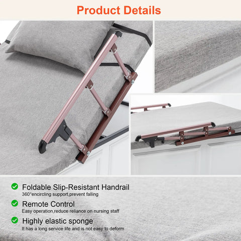 Detail view of Heavy Duty Electric Lifting Backrest Recliner With 300 Lb Capacity showing foldable handrail and gray fabric.