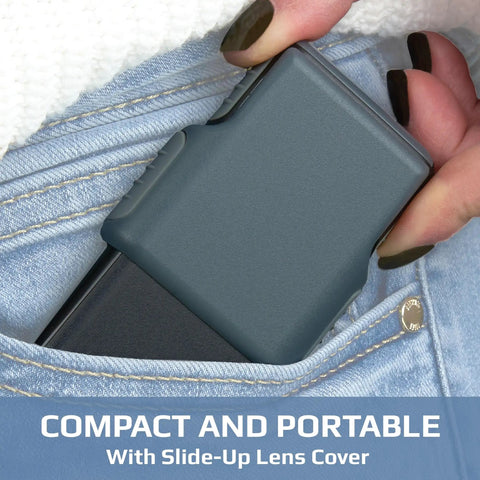 MiniBrite 5X LED Lighted Slide Out Aspheric Magnifier With Protective Sleeve Ultra Portable Pocket Sized Reading Aid For Fine Print On The Go Illuminated Lens For Close Up Details In Gray PO 55
