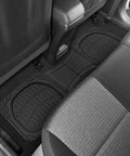 Premium Quality Heavy Duty Hella Durable All Weather Floor Mats Deep Dish Waterproof trim to fit black rubber guard set visible inside car.