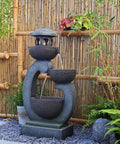 Outdoor Zen Water Fountain With LED Lights And Pump Tiered Pagoda Waterfalls Bowl for patio garden yard and poolside, gray, 35.5 inches tall