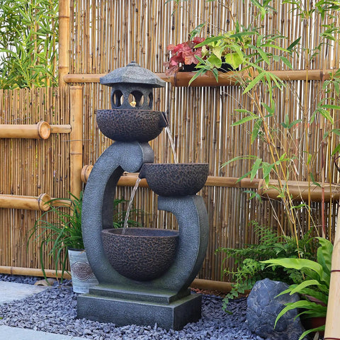 Outdoor Zen Water Fountain With LED Lights And Pump Tiered Pagoda Waterfalls Bowl for patio garden yard and poolside, gray, 35.5 inches tall