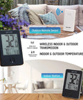 Wireless Digital Indoor Outdoor Thermometer With Large LCD Display For Patio Pool And Home Use Easy To Read At A Glance Remote Sensor With Daily High Low Memory Black, showing indoor station and outdoor sensor