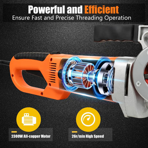 Heavy Duty Electric Pipe Threader Machine With Six Dies For One Half To Two Inch Copper And Galvanized Iron Pipes Portable Handheld Threading Tool showing 2300W motor and internal components.