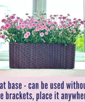 Outdoor Rail Planter For Balcony 20 Inch Two Pack With Rattan Pattern Design Drainage Holes And Brackets For Easy Hanging, shown on a windowsill.