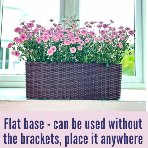 Outdoor Rail Planter For Balcony 20 Inch Two Pack With Rattan Pattern Design Drainage Holes And Brackets For Easy Hanging, shown on a windowsill.