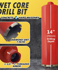 Five Inch Wet Core Drill Bits For Concrete And Hard Masonry With Fourteen Inch Drilling Depth One And A Quarter Inch Arbor Diamond Concentration For Heavy Duty Wet Rotary Drilling featured on packaging.