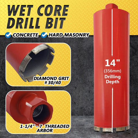 Five Inch Wet Core Drill Bits For Concrete And Hard Masonry With Fourteen Inch Drilling Depth One And A Quarter Inch Arbor Diamond Concentration For Heavy Duty Wet Rotary Drilling featured on packaging.