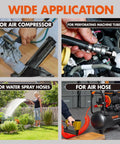 Complete 54 Piece One Quarter Inch NPT Air Hose Fittings Kit With Copper Plated Quick Connects And 360 Degree Swivel Adapters Plugs Male And Female Couplers Straight Fittings Adapters And Tube Cutter For Air Compressors And Auto Repair used with air compressor, spray hose and water hose