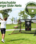 Golfer using Indoor Outdoor Golf Practice Net 10x7ft With Target Mat and Chipping Cage in park, showing side nets and target.