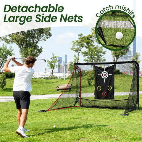 Golfer using Indoor Outdoor Golf Practice Net 10x7ft With Target Mat and Chipping Cage in park, showing side nets and target.