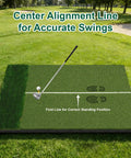 32mm Dual Turf Golf Mat For Indoor Outdoor Practice, 5x4ft with standing guide line, shown on grass, center alignment line visible