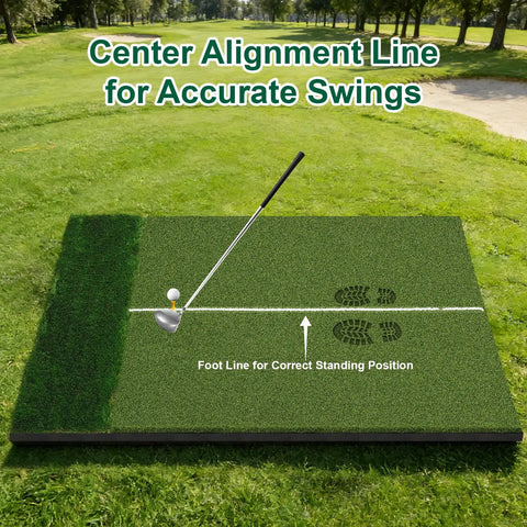 32mm Dual Turf Golf Mat For Indoor Outdoor Practice, 5x4ft with standing guide line, shown on grass, center alignment line visible