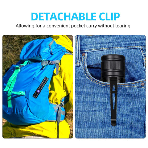 365nm UV Flashlight Blacklight 2 Pack USB Rechargeable Handheld Wood's Lamp attached to backpack and jeans pocket