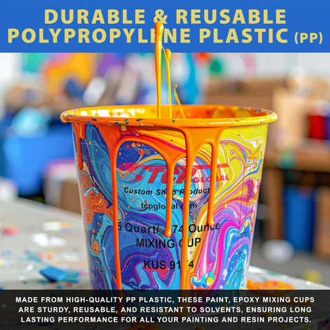 5 Quart Plastic Mixing Cups Kit With 48 Pack And 12 Lids For Liquids, colorful paint pouring from polypropylene mixing cup