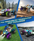 Rad 2WD Off Road RC Truck With Bright LED Headlights And Body Lights All Terrain Remote Control Car Reaches 20 KMH 2.4GHz Radio Control Includes Two Batteries Perfect Gift For Boys And Girls Ages 4 To 12 in various terrains.