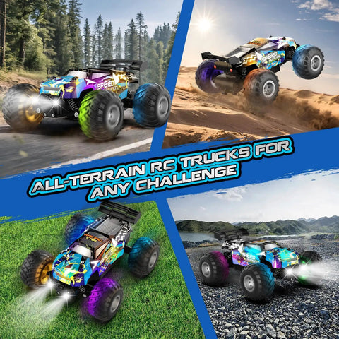 Rad 2WD Off Road RC Truck With Bright LED Headlights And Body Lights All Terrain Remote Control Car Reaches 20 KMH 2.4GHz Radio Control Includes Two Batteries Perfect Gift For Boys And Girls Ages 4 To 12 in various terrains.