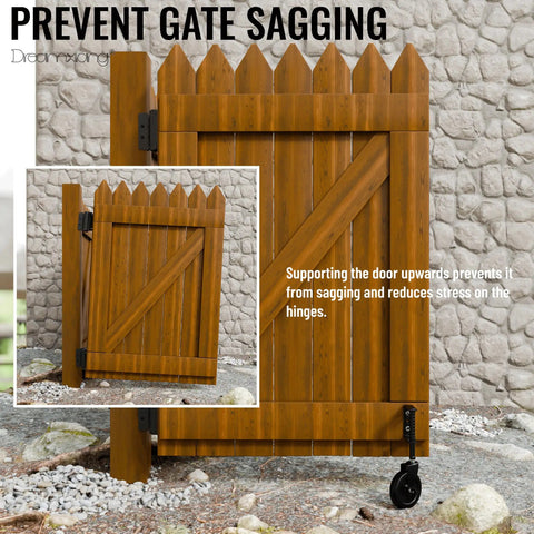 Heavy Duty 5 Inch Spring Loaded Gate Wheel Caster With Side Brake And Automatic Height Adjustment Built For No Sweat 360 Degree Swivel on wooden gate.