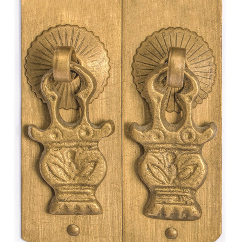 Brass Round Corner Cabinet Backplate Strip 4.1 Inch Overall Assembly With Pull on wooden surface