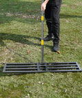 Lawn Leveling Rake With 72 Inch Long Handle And 27 By 10 Inch Ground Plate Beefy Heavy Duty Iron Construction for leveling soil.