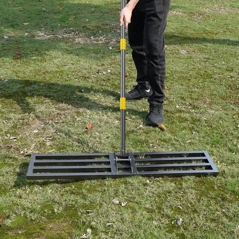 Lawn Leveling Rake With 72 Inch Long Handle And 27 By 10 Inch Ground Plate Beefy Heavy Duty Iron Construction for leveling soil.