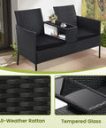 Two Seat Outdoor Patio Loveseat With Table In Black Wicker Rattan Outdoor Set With Washable Cushion Covers Weatherproof Garden Lounge Furniture For Backyard Lawn And Porch