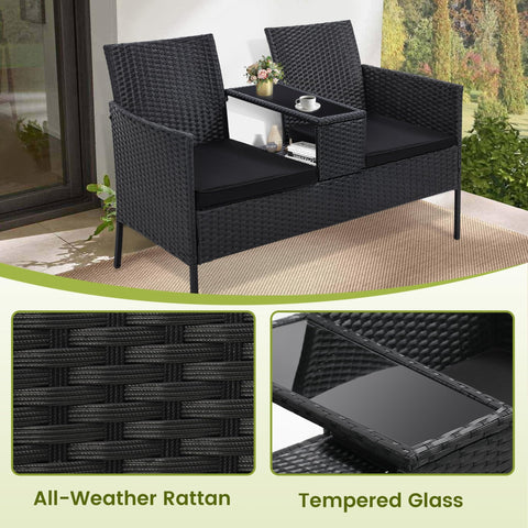 Two Seat Outdoor Patio Loveseat With Table In Black Wicker Rattan Outdoor Set With Washable Cushion Covers Weatherproof Garden Lounge Furniture For Backyard Lawn And Porch