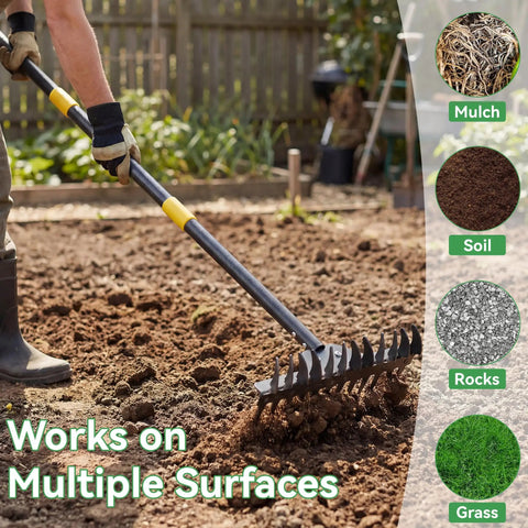 Heavy Duty Metal Bow Rake With 62 Inch Adjustable Handle Dual Sided Dethatching Rake For Lawns Leaves Rock Debris And Yard Landscaping Built From Forged Manganese Steel For Tough Jobs used on soil in a garden