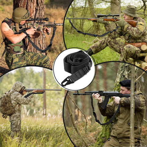 Adjustable Two Point Rifle Sling Dope Rugged Nylon Strap With Metal Hook For Hunting Shotgun And Camera Gear Outdoor Multipurpose Tactical Sling Forty Seven Point Two Inch Adjustable Length With Durable Metal Hooks For Easy Setup used by hunters in various outdoor settings.