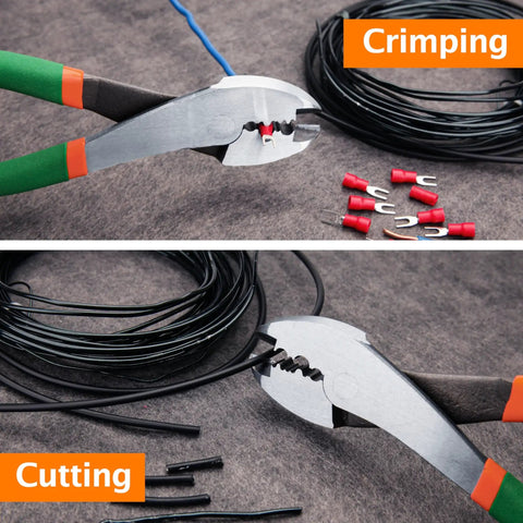Pro Grade Electrician Terminal Crimp Pliers With Cutter for 10 to 22 AWG Wire, crimping and cutting electrical wire with PVC handle