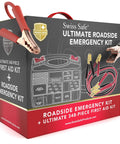 Box packaging of Roadside Ready 12-Foot Heavy Duty Jumper Cables And 378-Piece Car First Aid Kit Roadside Emergency Kit with tools.