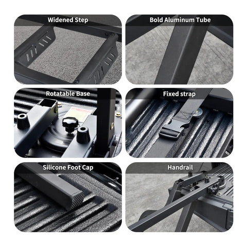 45 Inch Foldable Tailgate Ladder With Grab Handle For Pickup Trucks, Heavy Duty Step Up Access, Fits Ford F Series, Ram 2500, Silverado And More, 600 LB Capacity, Easy Install, black aluminum parts
