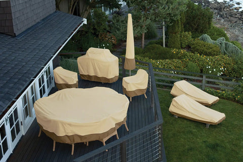 Outdoor furniture on a patio covered with Veranda Water Resistant 50 Inch Patio Bench Cover For Outdoor Furniture Heavy Duty Weatherproof Protector