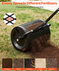 Beefy Compost Spreader For Lawn Care And Garden, 16.5 Inch Wide Peat Moss Spreader distributing soil with T shaped handle