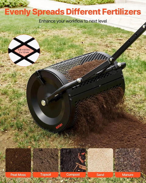 Beefy Compost Spreader For Lawn Care And Garden, 16.5 Inch Wide Peat Moss Spreader distributing soil with T shaped handle