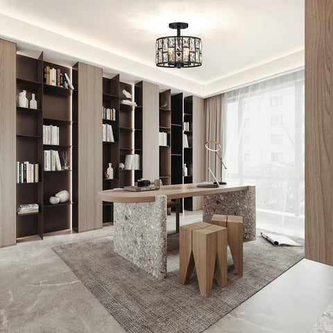 Farmhouse Crystal Round Semi Flush Mount Light With Drum Shade Black Finish 3 Light Ceiling Lamp in modern office space