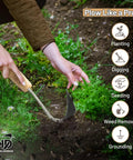 Person using All Purpose Garden Hand Plow Hoe For Easy Weeding And Farming, Handy Workhorse Tool on green plants.