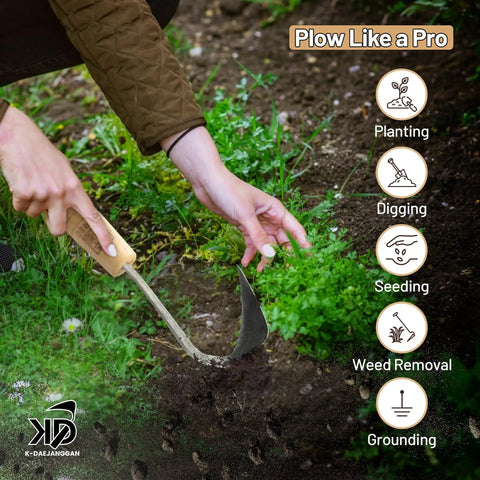 Person using All Purpose Garden Hand Plow Hoe For Easy Weeding And Farming, Handy Workhorse Tool on green plants.